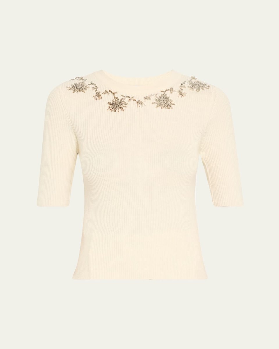 Floral Embroidered Elbow-Sleeve Rib Sweat